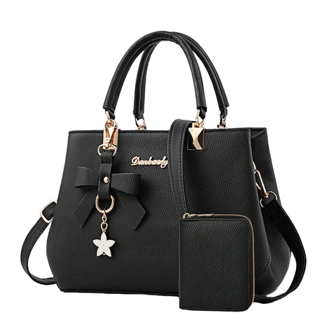 Sac À Main Mode Pour Femme Et Portefeuille Motif Litchi Cuir PU Sac À Bandoulière Avec Nœud Pendentif Étoile Élégant