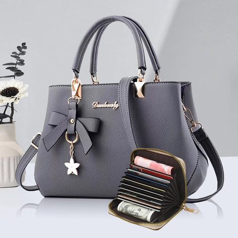 Sac À Main Mode Pour Femme Et Portefeuille Motif Litchi Cuir PU Sac À Bandoulière Avec Nœud Pendentif Étoile Élégant