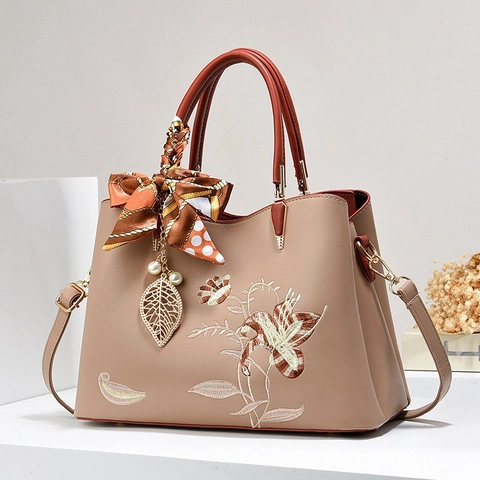 Floral Embroidered PU Leather Handbag Elegant Large Capacity Top Handle Bag With Satin Scarf Artificial Pearl Leaf Pendant