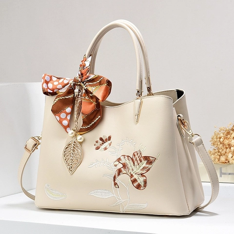 Floral Embroidered PU Leather Handbag Elegant Large Capacity Top Handle Bag With Satin Scarf Artificial Pearl Leaf Pendant