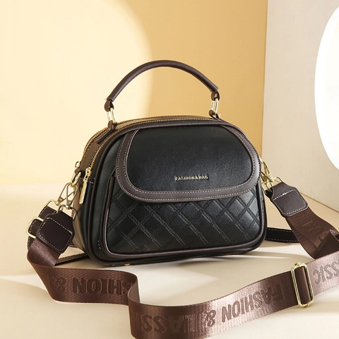 Women Quilted Diamond PU Leather Crossbody Bag Contrast Color Wide Letter Strap Shoulder Handbag Trendy Elegant