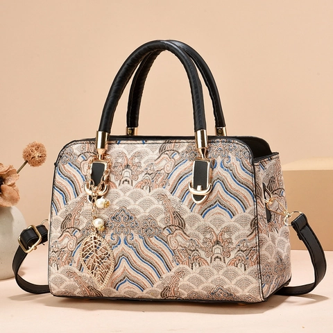 Women Retro Chinese Style Handbag Jacquard Embroidery PU Leather Top Handle Crossbody Bag With Leaf Artificial Pearl Pendant