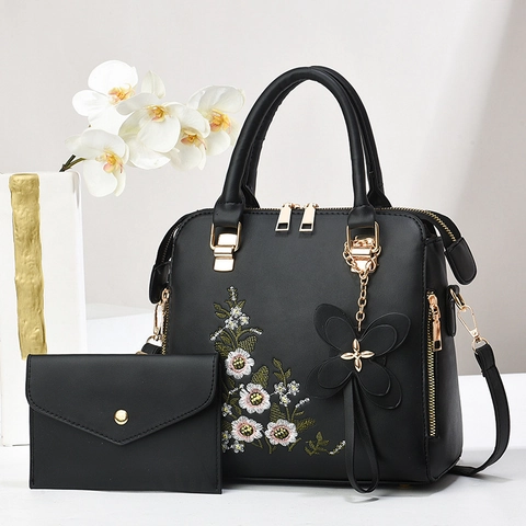 Damen Handtasche Und Geldbörse PU Leder Blumenstickerei Schmetterling Anhänger Schultertasche Tragetasche Elegant Täglich Büro Dame