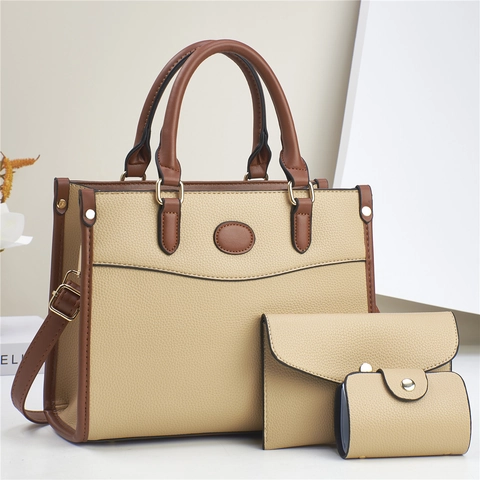 Women Handbag Tote Clutch And Card Holder PU Leather Litchi Pattern Crossbody Shoulder Bag Contrast Color Elegant