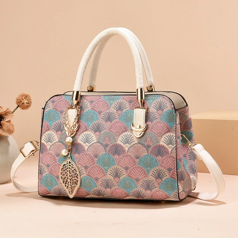 Women Retro Chinese Style Handbag Jacquard Embroidery PU Leather Top Handle Crossbody Bag With Leaf Artificial Pearl Pendant