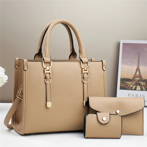 Women Handbag Tote And Clutch And Coin Purse Litchi Pattern PU Leather With Gold Hardware Adjustable Shoulder Strap Fashion