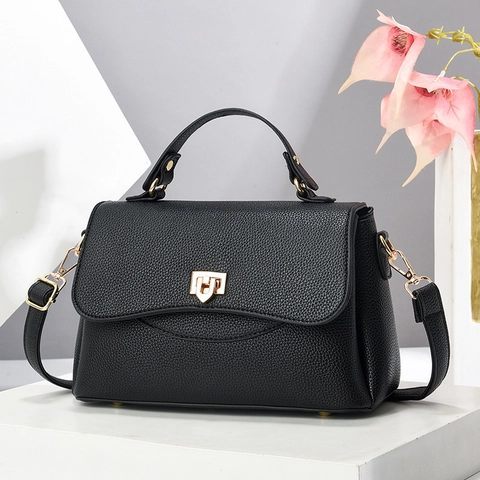 Sac À Épaule En Cuir PU Grain Lychee Avec Fermoir Métallique Doré Poignée Supérieure Bandoulière Réglable Style Coréen Chic