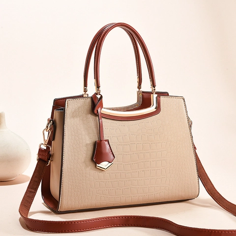Bolso De Mano Para Mujer Patrón De Cocodrilo Cuero PU Color De Contraste Elegante Bolso Tote Con Correa Desmontable