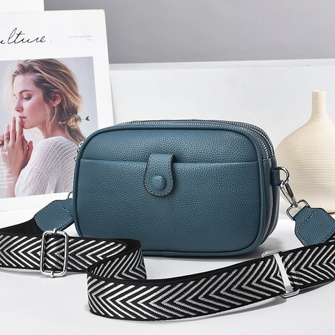 Litchi Pattern PU Leather Crossbody Bag For Women Three Zipper Layers Fashion Wide Geometric Strap Minimalist Shoulder Purse