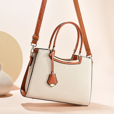 Bolso De Mano Para Mujer Patrón De Cocodrilo Cuero PU Color De Contraste Elegante Bolso Tote Con Correa Desmontable