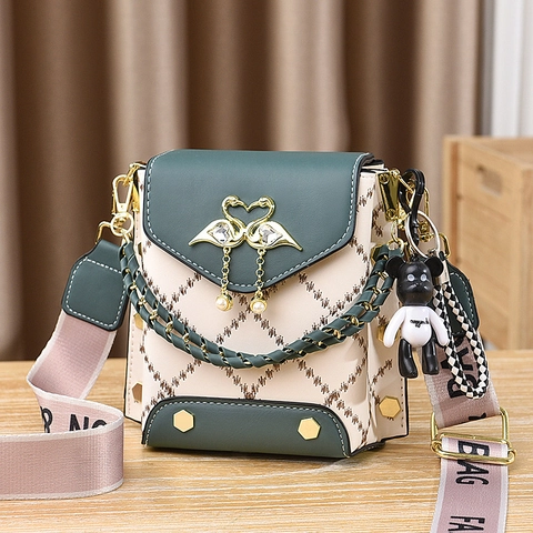 Women Small Crossbody Bag PU Leather Diamond Lattice Contrast Color Phone Bag Swan Buckle Wide Strap Bear Pendant