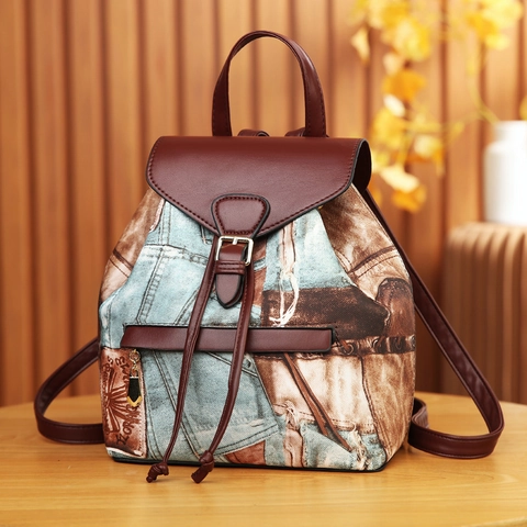 Vintage Denim Print Mini Backpack Women PU Leather Contrast Color Drawstring Flap Retro Casual Travel Shoulder Bag