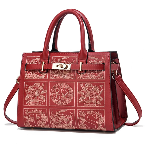 Borsa A Mano Ricamata Pelle PU Motivo Fiori Uccelli Serratura Metallo Retro Borsa A Tracolla Per Donne Vintage Elegante