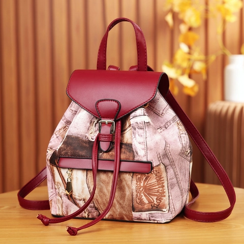 Vintage Denim Print Mini Backpack Women PU Leather Contrast Color Drawstring Flap Retro Casual Travel Shoulder Bag