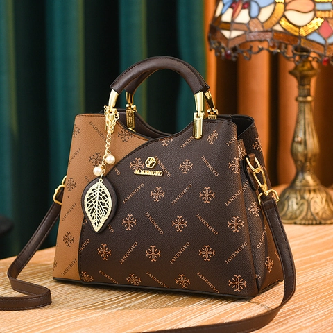 Women PU Leather Handbag Contrast Color Monogram Print Tote With Metal Handle Leaf Pendant Crossbody Bag For Office