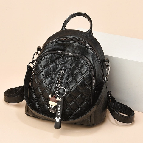 Zaino Donna Pelle PU Motivo Diamante Trapuntato Moda Casual Grande Capacità Con Simpatico Ciondolo Mucca Cartone Animato