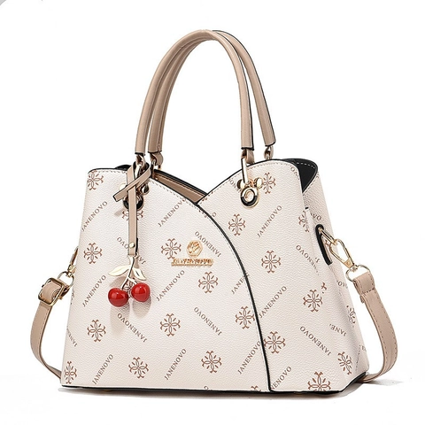 Retro Women Handbag Contrast Color Monogram PU Leather Tote Crossbody Bag With Cherry Charm Large Capacity Versatile Style