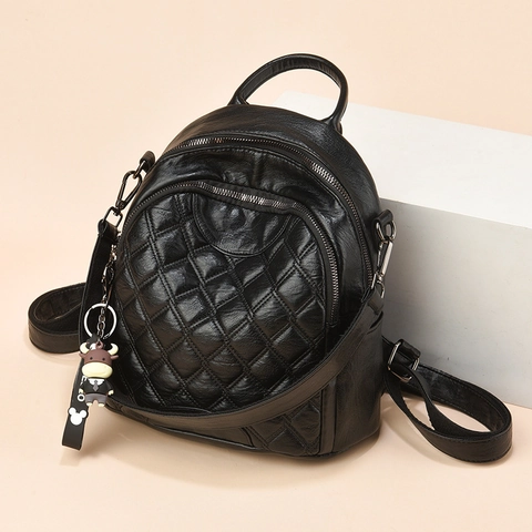 Zaino Donna Pelle PU Motivo Diamante Trapuntato Moda Casual Grande Capacità Con Simpatico Ciondolo Mucca Cartone Animato