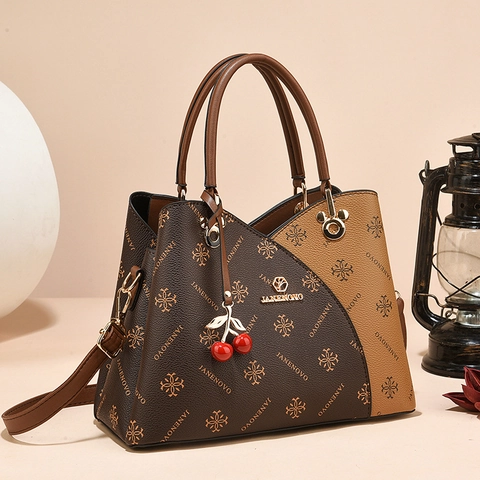 Retro Women Handbag Contrast Color Monogram PU Leather Tote Crossbody Bag With Cherry Charm Large Capacity Versatile Style