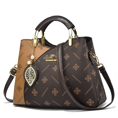 Women PU Leather Handbag Contrast Color Monogram Print Tote With Metal Handle Leaf Pendant Crossbody Bag For Office