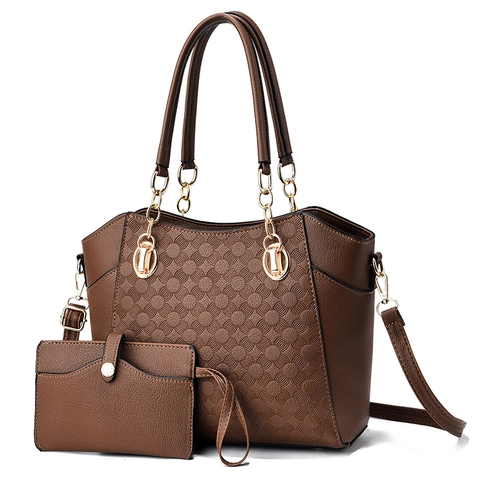 Women Embossed Circle PU Leather Handbag And Wallet Large Capacity Tote Bag With Gold Chain Adjustable Shoulder Strap Vintage