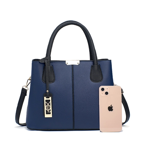 Women Handbag PU Leather Lychee Pattern Color Block Large Capacity Shoulder Crossbody Bag With Metal Charm