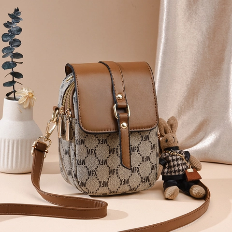 Crossbody Phone Bag PU Leather Canvas Monogram Multi Layer Retro Vintage Sweet For Women With Rabbit Charm