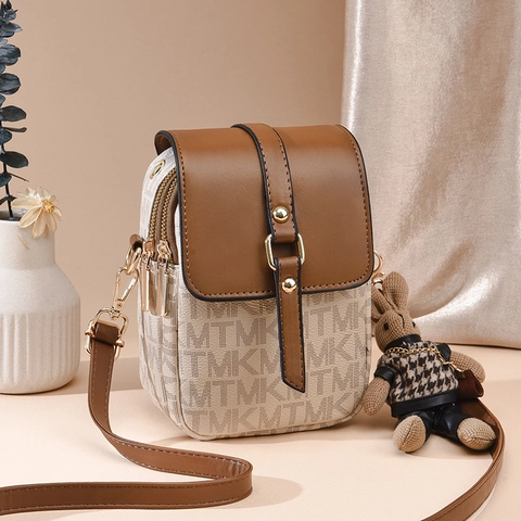 Crossbody Phone Bag PU Leather Canvas Monogram Multi Layer Retro Vintage Sweet For Women With Rabbit Charm