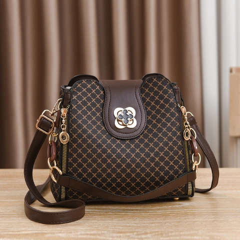 Damen PU Leder Eimer Tasche Mit Kleeblatt Verschluss Geometrisches Muster Retro Schulter Umhängetasche Für Den Alltag