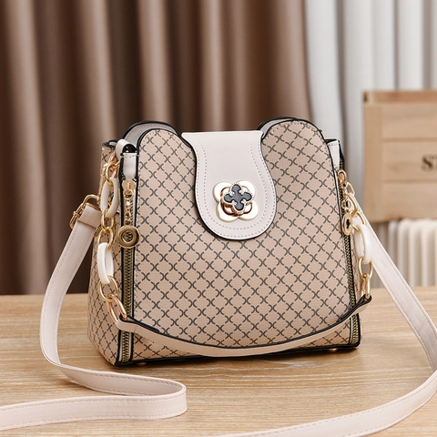 Damen PU Leder Eimer Tasche Mit Kleeblatt Verschluss Geometrisches Muster Retro Schulter Umhängetasche Für Den Alltag