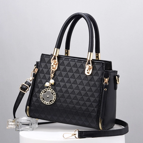 Handbag Crossbody Shoulder Bag PU Leather Triangle Embossed Geometric Chic Clover Pendant Elegant Versatile For Women