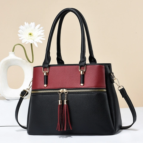 Women Large Capacity Handbag PU Lychee Leather Color Contrast Tassel Decoration Top Handle Shoulder Crossbody Bag