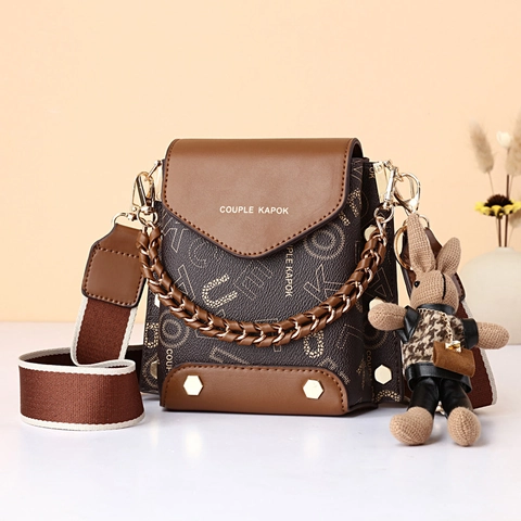 Women Crossbody Phone Bag PU Leather Monogram Letter Print Chain Handle Wide Strap Rabbit Pendant Vintage Square Purse