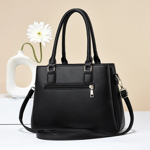 Women Large Capacity Handbag PU Lychee Leather Color Contrast Tassel Decoration Top Handle Shoulder Crossbody Bag