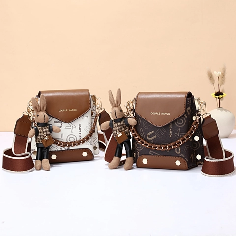 Women Crossbody Phone Bag PU Leather Monogram Letter Print Chain Handle Wide Strap Rabbit Pendant Vintage Square Purse