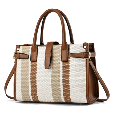 Borsa A Mano A Righe Donna Tela Pelle PU Grande Capacità Tote Borsa A Tracolla Tracolla Rimovibile Vintage Casual