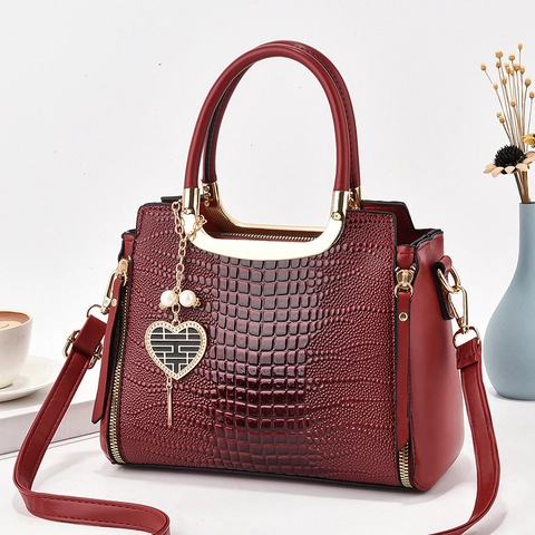 Women Handbag Crossbody Bag Crocodile Pattern PU Leather Large Capacity Double Handles Heart Charm Elegant Fashion
