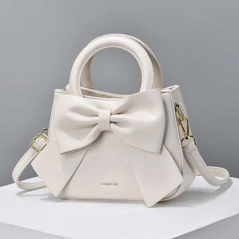 Women PU Leather Handbag Elegant Large Bow Top Handle Crossbody Bag With Detachable Shoulder Strap Gold Hardware