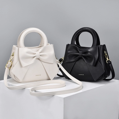 Women PU Leather Handbag Elegant Large Bow Top Handle Crossbody Bag With Detachable Shoulder Strap Gold Hardware