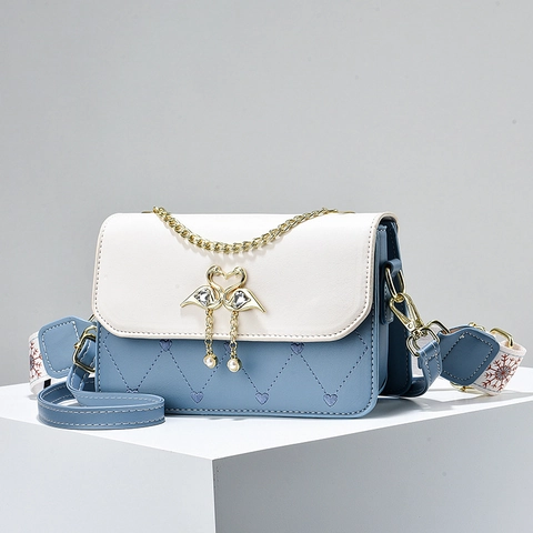 Bolso Bandolera Mujer Cuero PU Acolchado Corazón Color Contraste Hebilla Cisne Dorada Decoración Perlas Artificiales Correa Tejida Ancha