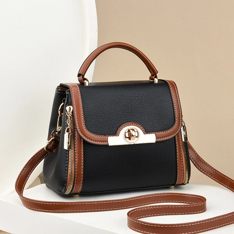 Bolso De Mano Para Mujer Cuero PU Retro Bandolera Color Contraste Grano Lichi Cierre Giratorio Elegante Asa Superior