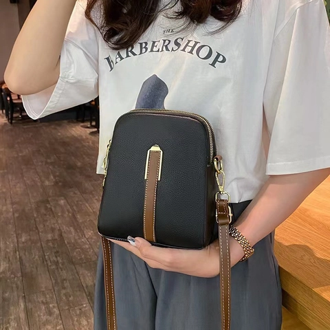 Women Crossbody Mobile Phone Bag Litchi Texture PU Leather Multi Zipper Vertical Square Fashion Shoulder Purse With Headphone Hole