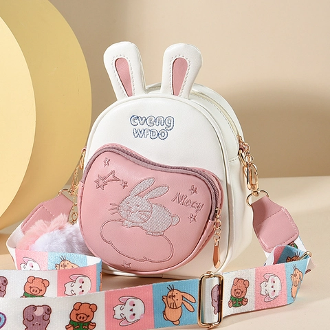 Kids Mini Crossbody Bag PU Leather Rabbit Ears Bunny Embroidery Heart Pocket Cartoon Wide Strap Small Backpack For Girls