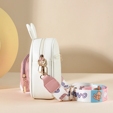 Kids Mini Crossbody Bag PU Leather Rabbit Ears Bunny Embroidery Heart Pocket Cartoon Wide Strap Small Backpack For Girls