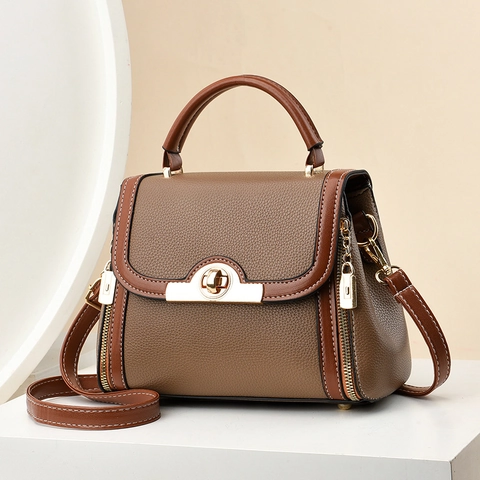 Women PU Leather Handbag Contrast Color Shoulder Bag With Turn Lock And Detachable Strap Versatile Street Style