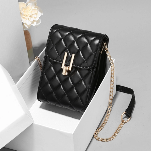 Women Fashion Quilted Rhombic Crossbody Bag PU Leather Small Square Phone Bag With Gold Chain Strap Elegant