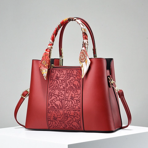 Damen PU Leder Handtasche Blumenprägung Schal Griff Große Kapazität Retro Elegant Büro Pendeln Schulter Umhängetasche