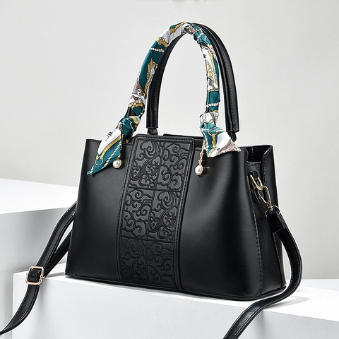 Elegant Women Handbag PU Leather Large Capacity Embroidery Scarf Handle Artificial Pearl Pendant Wedding Party Shoulder Crossbody Bag