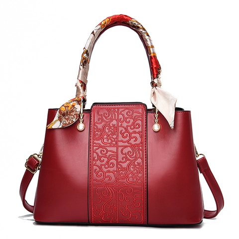Women Handbag PU Leather Embossed Cloud Pattern Scarf Wrapped Handle Artificial Pearl Pendant Elegant Bridal Wedding Tote Bag
