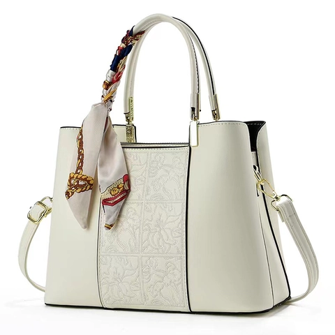 Damen PU Leder Handtasche Blumenprägung Schal Griff Große Kapazität Retro Elegant Büro Pendeln Schulter Umhängetasche